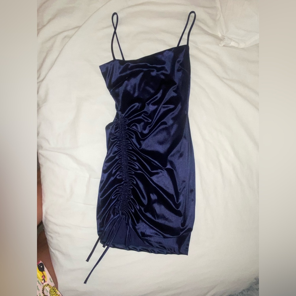 Windsor Navy Blue Satin Ruche Fitted Spaghetti Strap Mini Dress. Worn once!